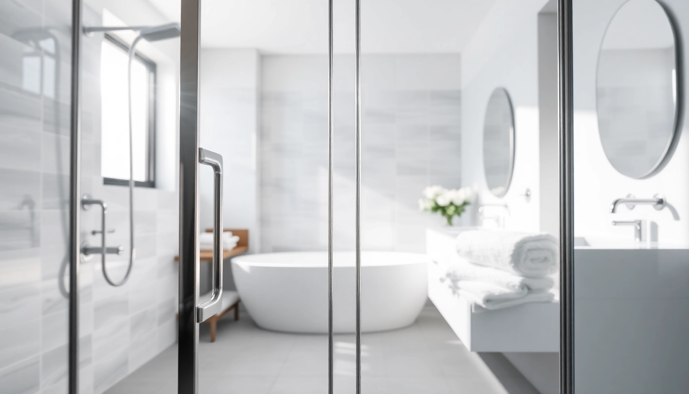 View of sunney shower doors in a modern bathroom showcasing elegance and stylish design.
