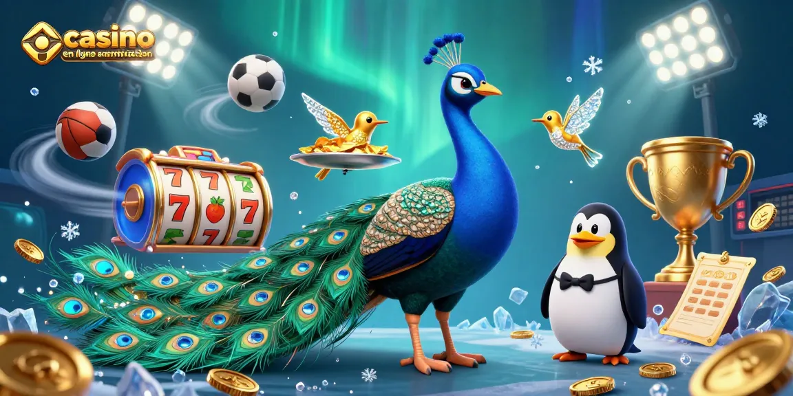 Profitez du casino en ligne sans vérification avec une illustration captivante d'un paon aristocratique et d'un pingouin serveur.