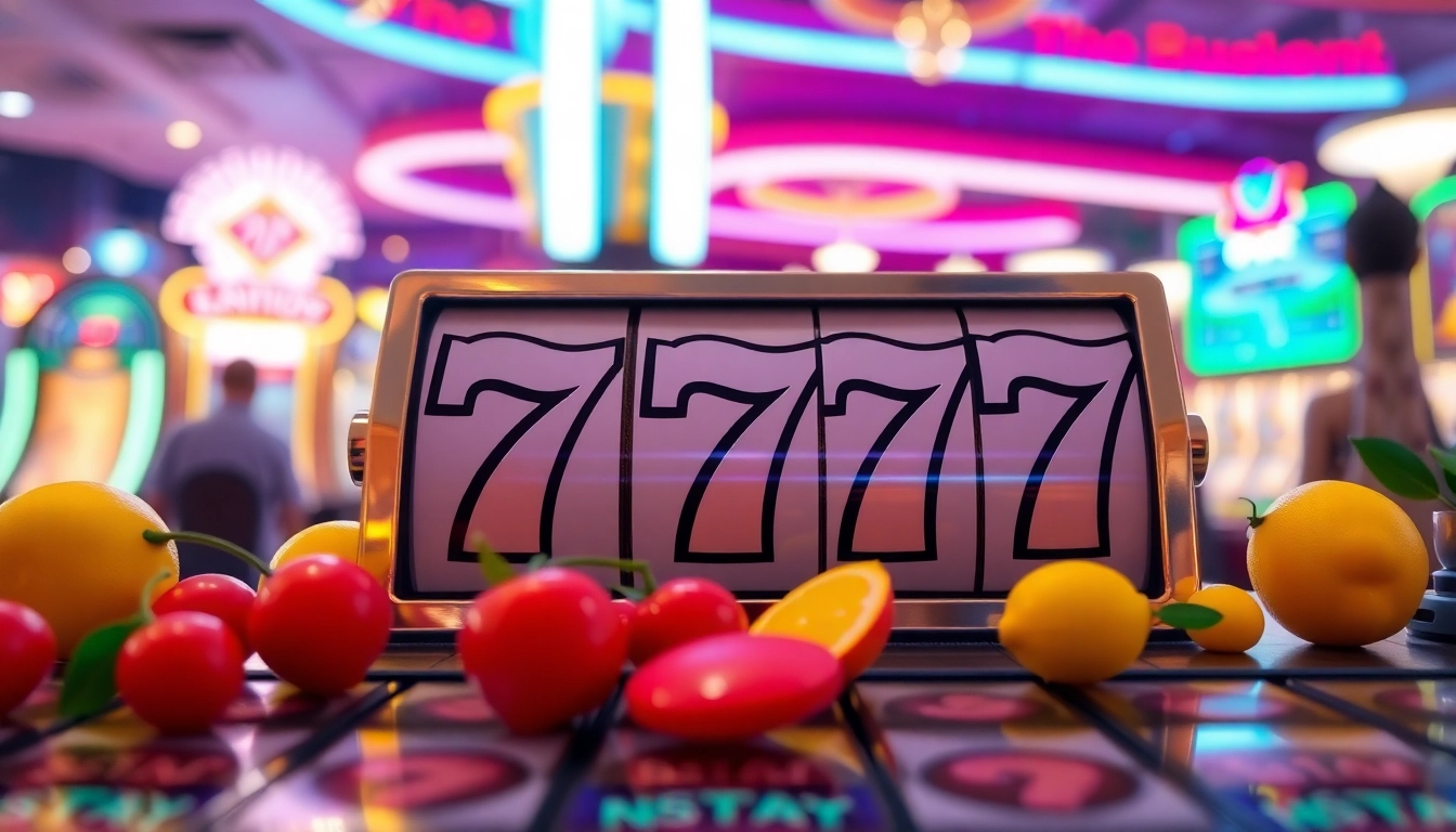 Spin the reels on slot 777, featuring classic fruit symbols and vibrant casino lights.