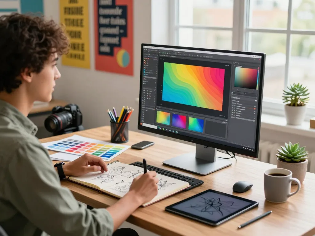 Designer creating image to prompt in a colorful digital studio with sketchbook and tools.