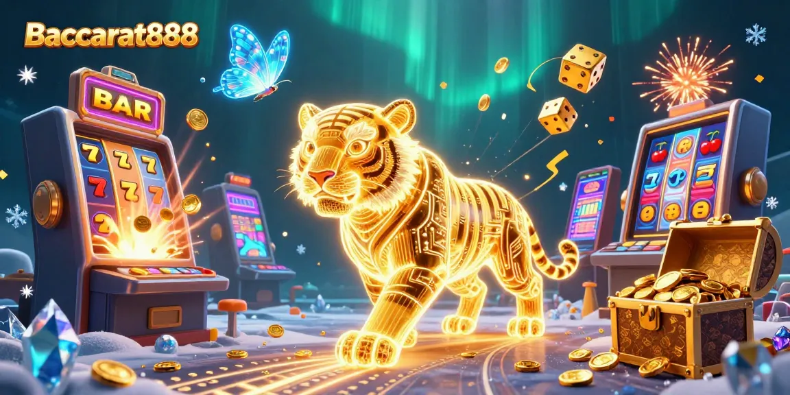 Baccarat888 showcases an immersive casino experience with a neon tiger, jackpot symbols, and vibrant gameplay.
