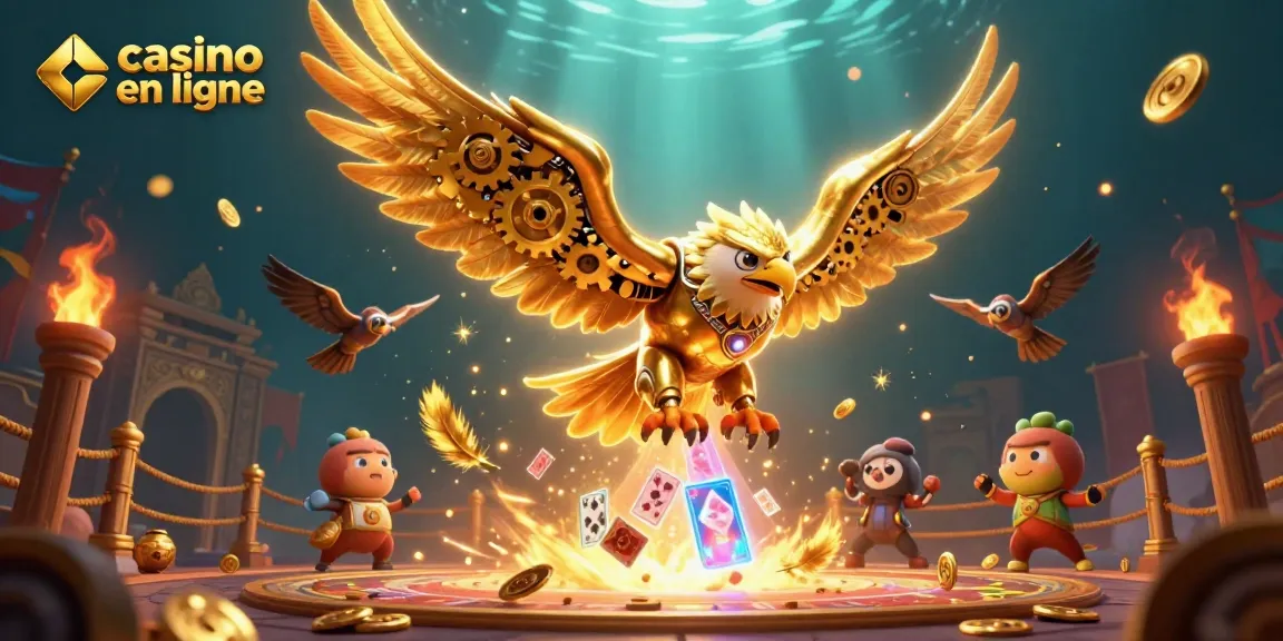 Plongez dans l'excitation du casino en ligne avec un aigle doré cybernétique et des cartes holographiques.