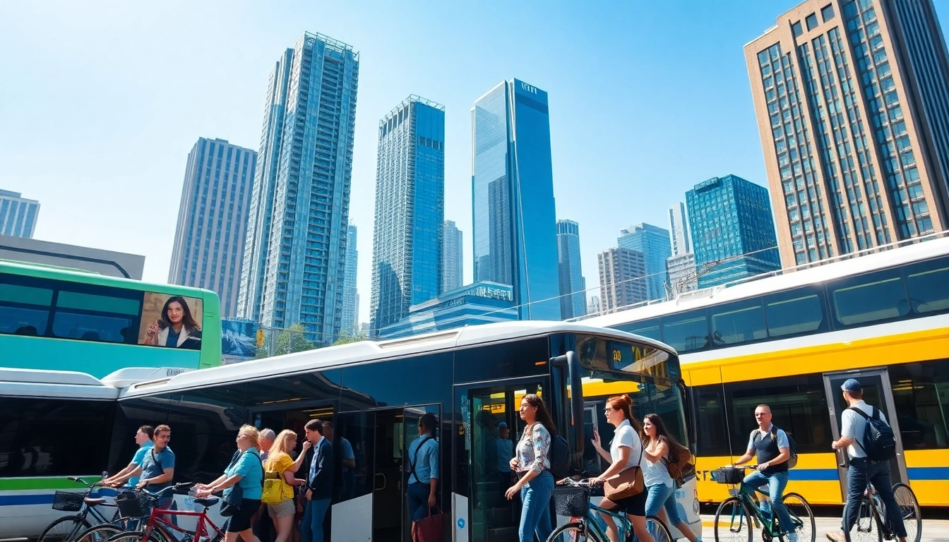 Explore transportation modes in a vibrant urban setting with commuters boarding a bus.