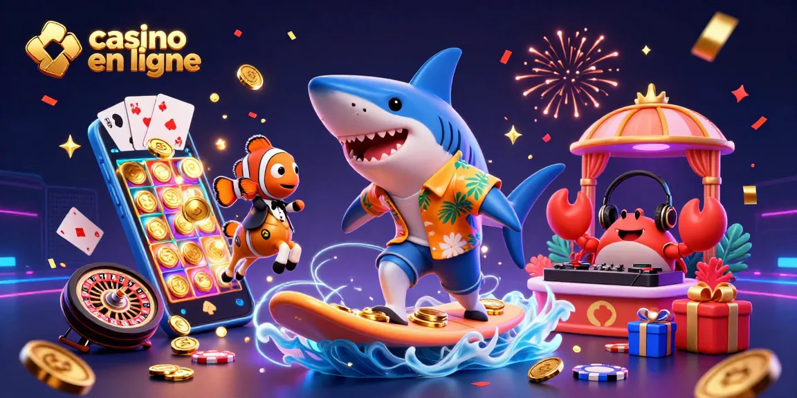 Jouez à des jeux de casino en ligne avec un requin et un poisson clown dans une scène festive.