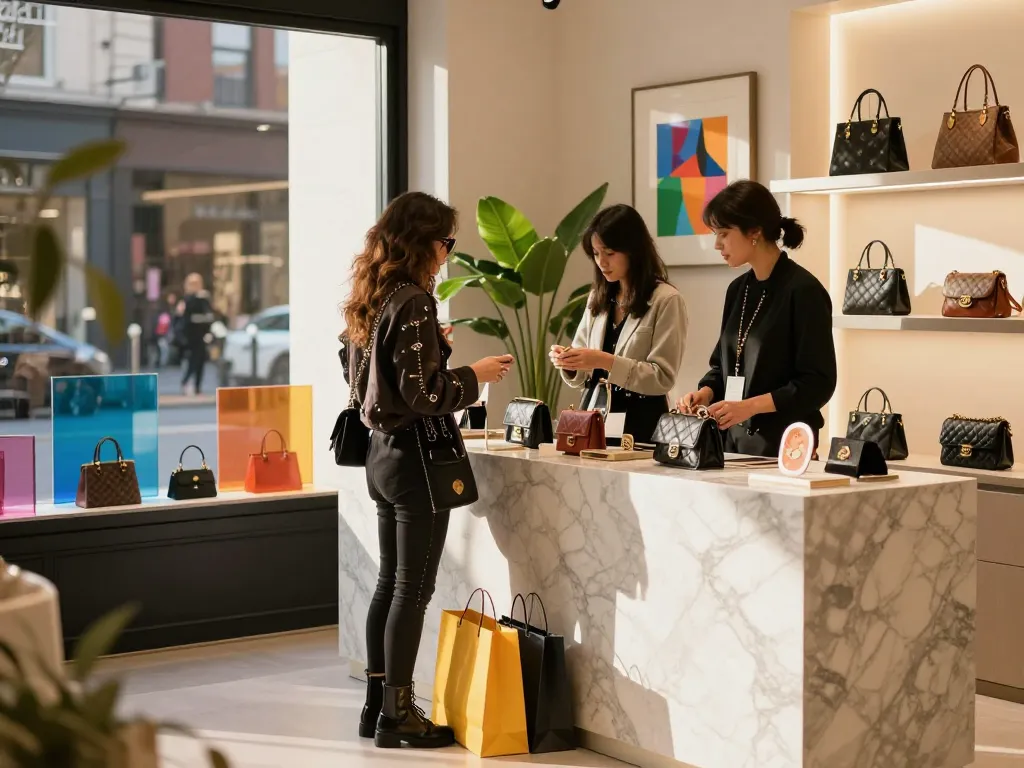 Shopping for high-quality replica items at a luxury 레플리카 사이트, showcasing stylish decor and vibrant atmosphere