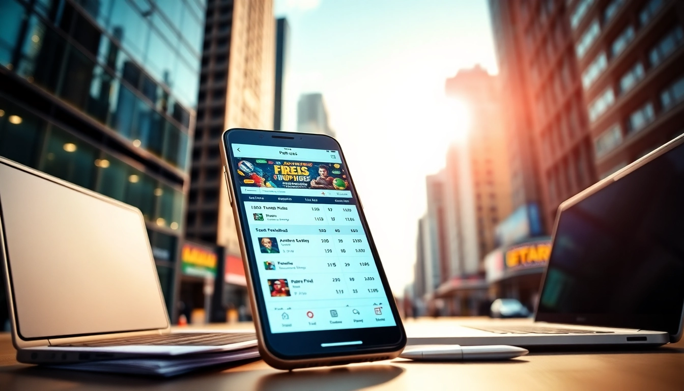 Engaging display of sports betting apps India on a smartphone amidst a vibrant urban setting.