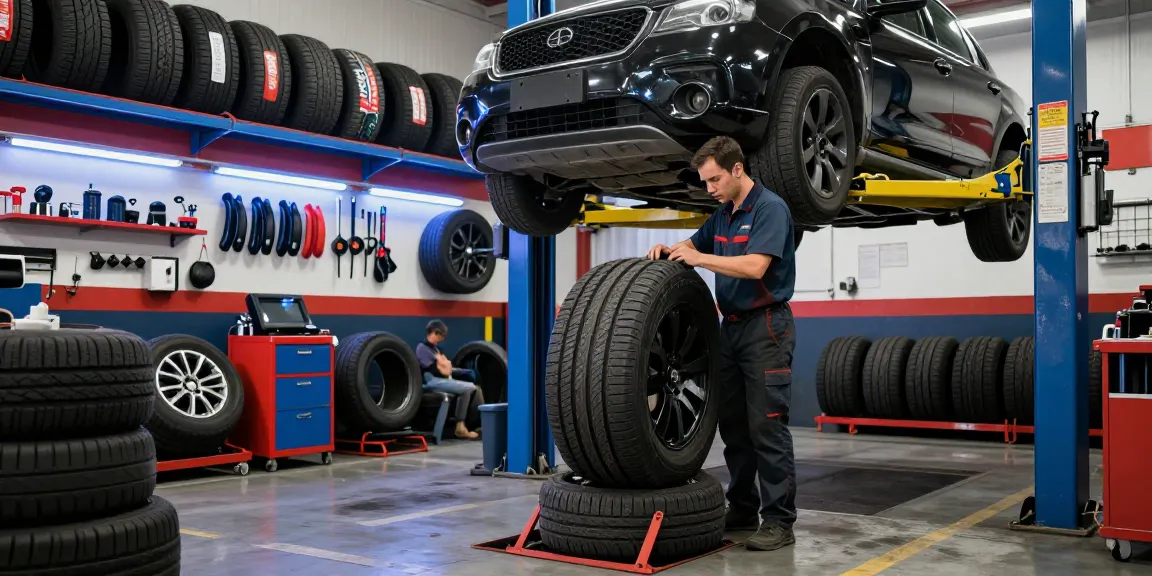 Tire services near me in a professional garage with a mechanic inspecting tires.