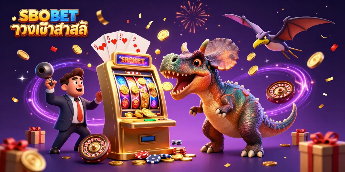 SBOBET ทางเข้าล่าสุด showcases a pachycephalosaurus hitting a jackpot slot machine amidst flowing golden coins in a vibrant casino setting.