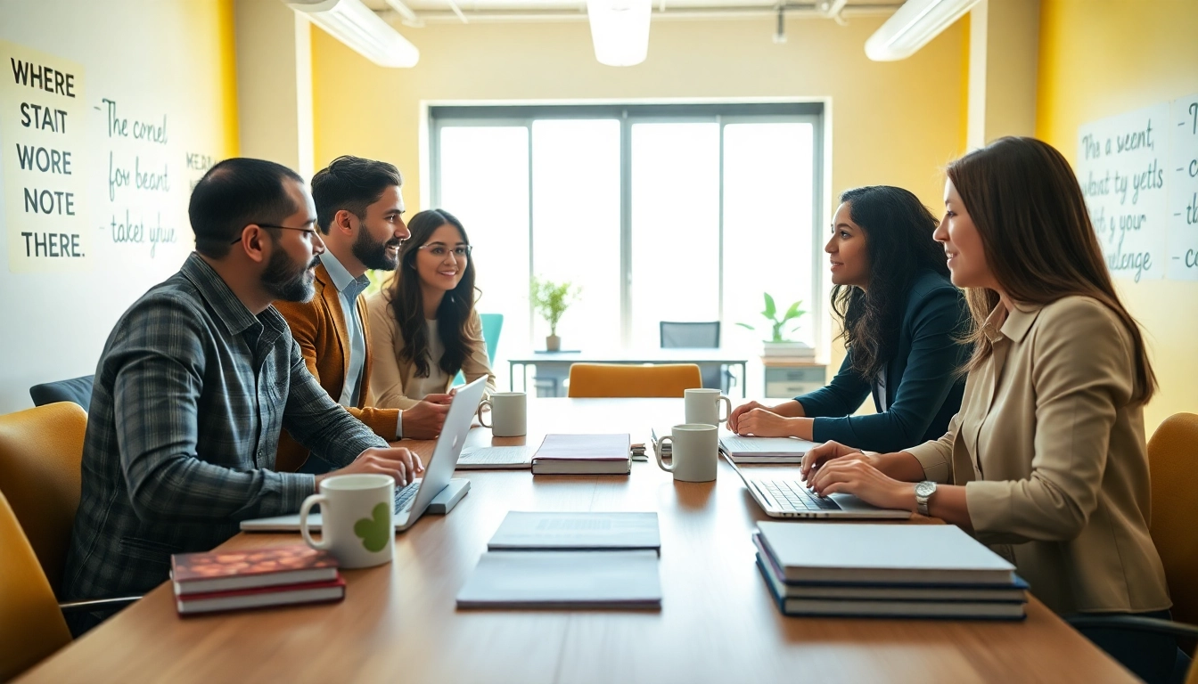 Engaged professionals discussing to find my true calling in a motivating and bright office setting.
