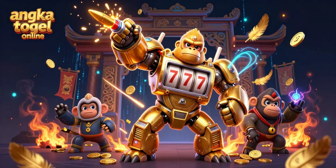 Engage in angka togel online gaming excitement with a powerful golden gorilla mech amidst a vibrant casino scene.