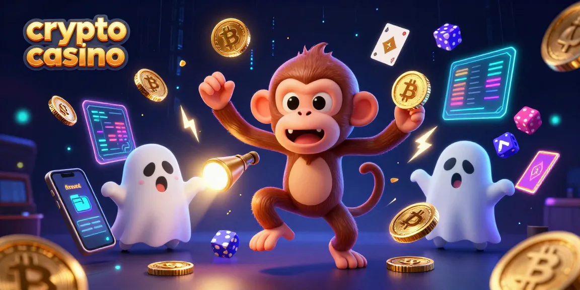 Festival de couleurs dans un crypto casino avec un singe poltergeist et un chiot chasseur de fantômes.