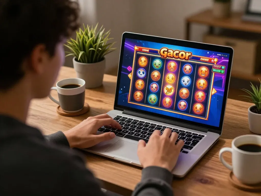 Playing slot gacor viral games on a laptop at home, showcasing colorful slots and engaging gameplay.