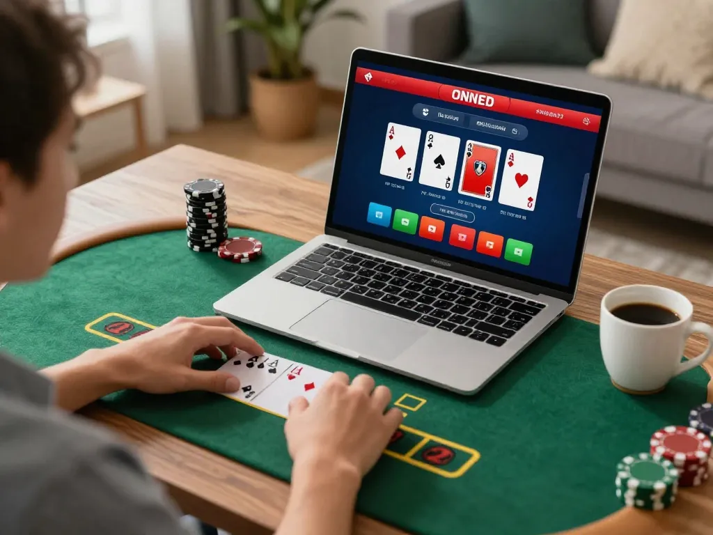 Engaging player enjoying casino senza licenza adm blackjack on laptop at home with cozy ambiance.