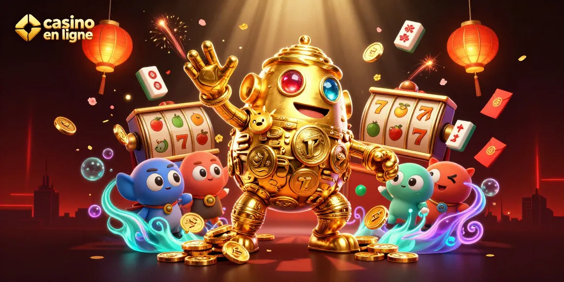 Visuel dynamique du casino en ligne avec un golem doré, symboles de machines à sous et éléments de jeu colorés.