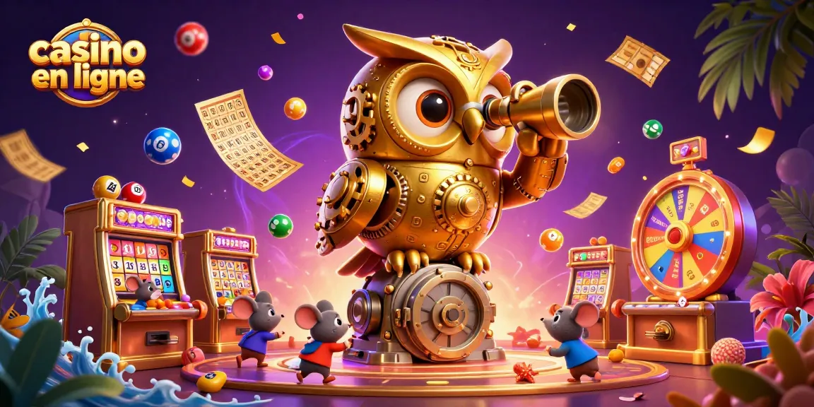 Les jeux de casino en ligne réunissent un hibou doré, des souris et des éléments colorés sur un fond magique.