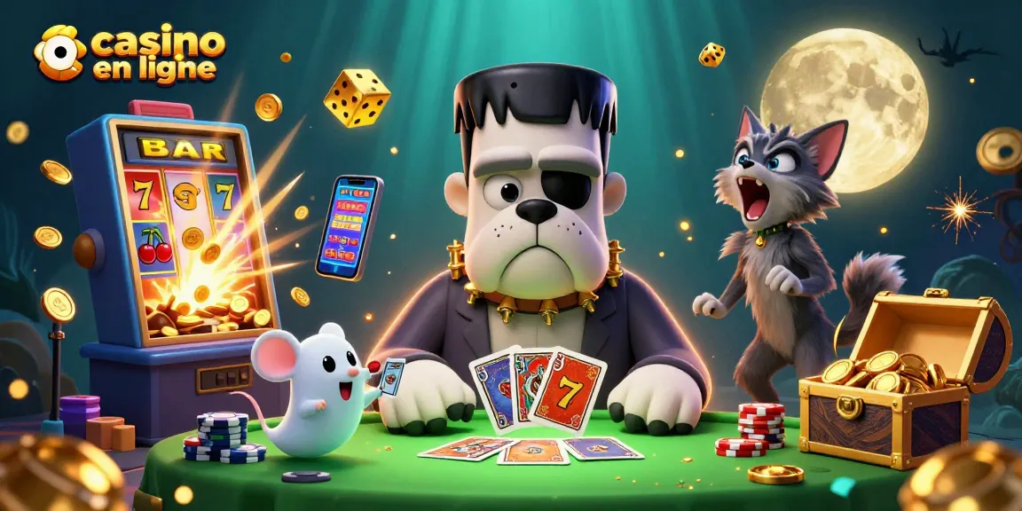 Jouer au casino en ligne avec un bulldog Frankenstein et un ourson loup dans une scène festive.