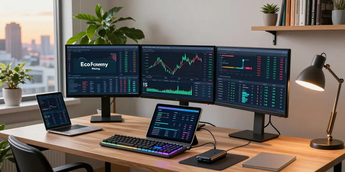 Eco friendly crypto mining workspace showing digital wallets, cryptocurrency charts, and DeFi analytics for secure blockchain trading.