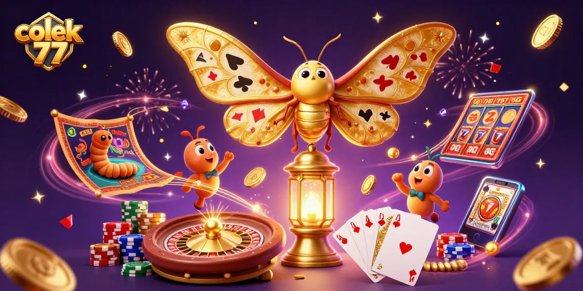 Engage with colek 77 through mesmerizing slot games amid cascading coins and vibrant casino elements.