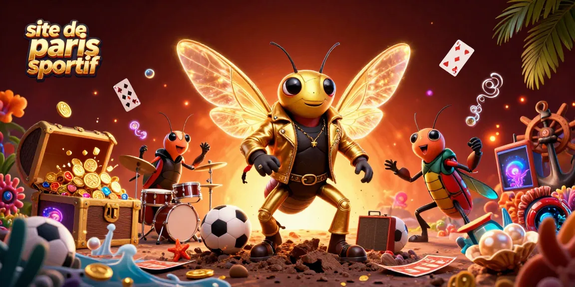 Visualisez une scène dynamique de paris sportifs sur le site de paris sportif avec un rocker cilada, un batteur scarabée et des chanteurs crickets.