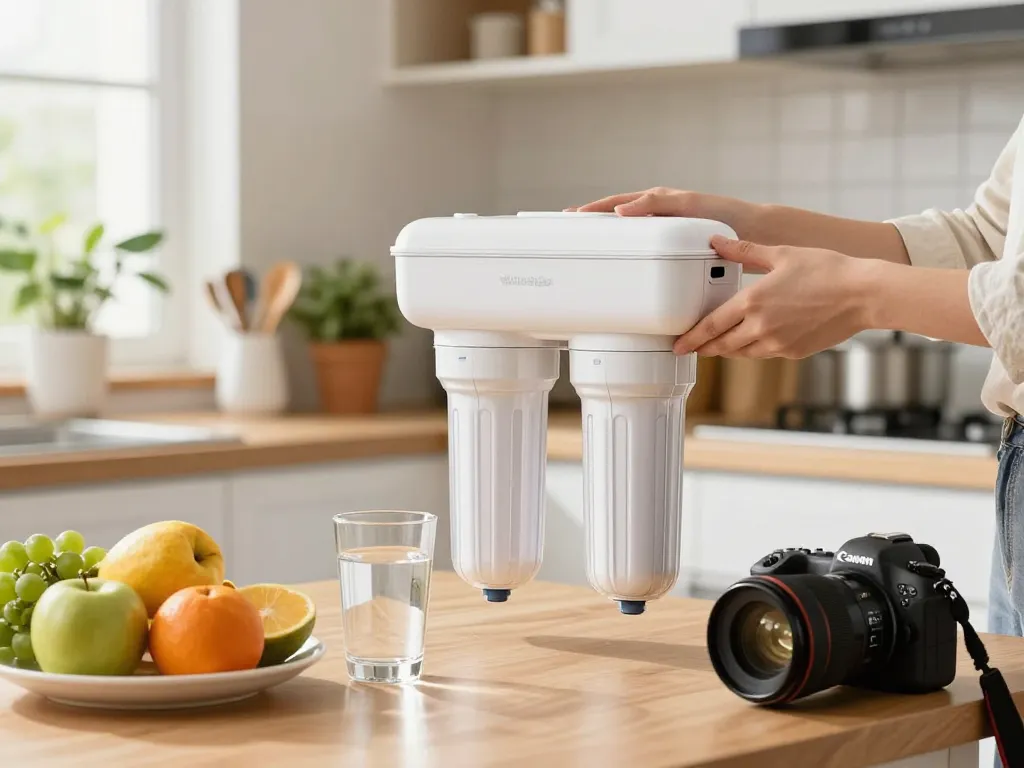 Person replacing the Waterdrop UKF8001 Refrigerator Water Filter 4 in a bright kitchen, emphasizing clean water and healthy living.