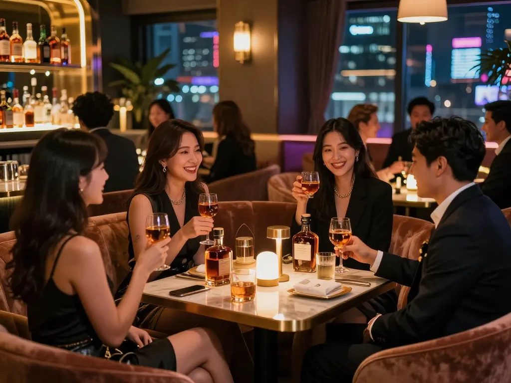 Engaging atmosphere showcasing 강남쩜오 nightlife, elegant patrons enjoying drinks in a luxurious bar setting.
