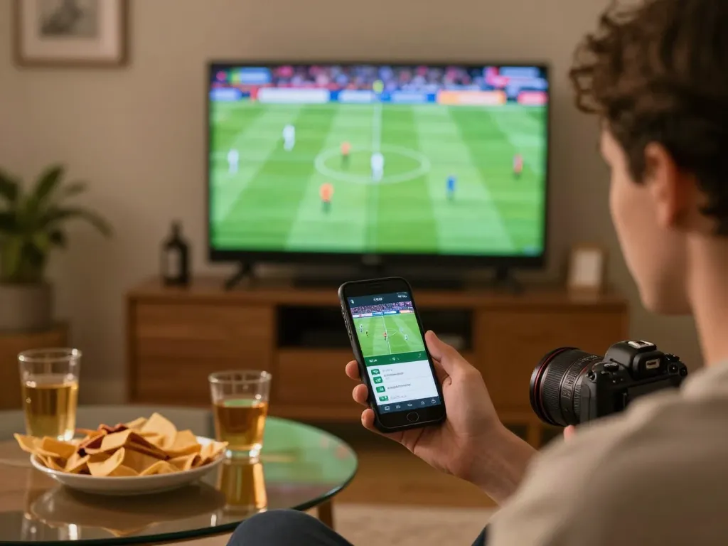 Engaged sports fan using cacuocbongda to place bets during live football match.