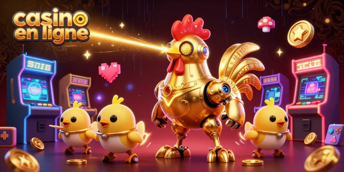 Jouez à casino en ligne avec un robot coq doré et des drones poussins dans un monde lumineux et coloré.