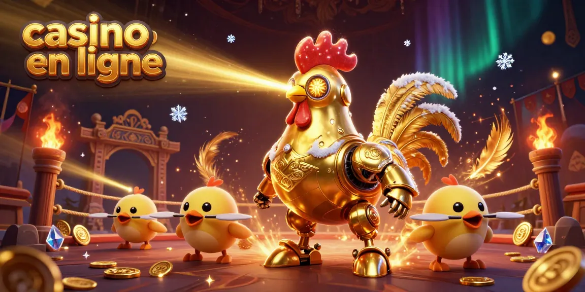 Casino en ligne : le robot coq doré combat dans une arène remplie de jetons et pièces d'or.