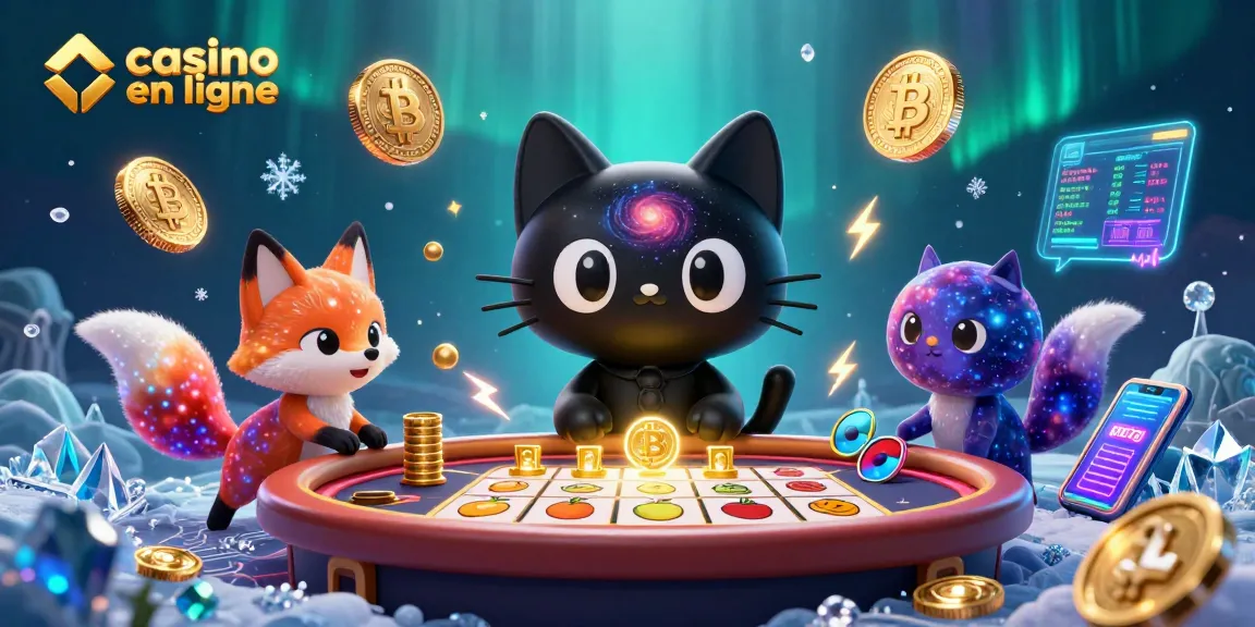 Une illustration 3D dynamique mettant en avant le casino en ligne avec un chat noir gravitationnel et un renard nébuleux.