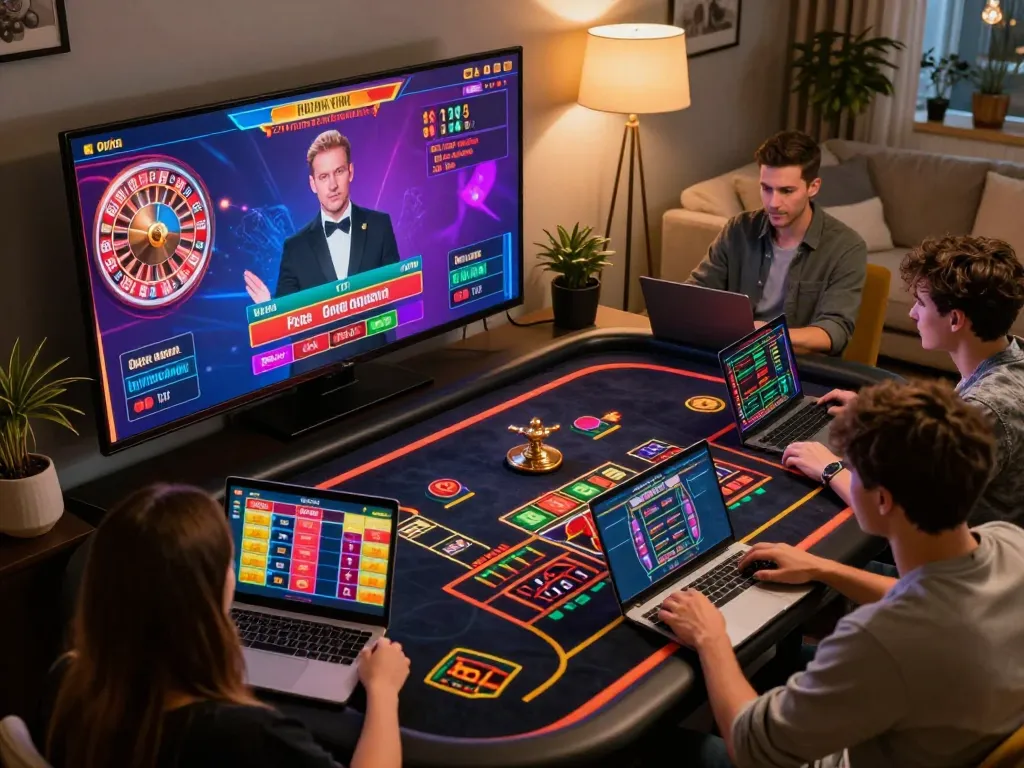 Players engaging in online roulette gameplay with 388bet on their laptops, showcasing interactive betting and vibrant graphics.