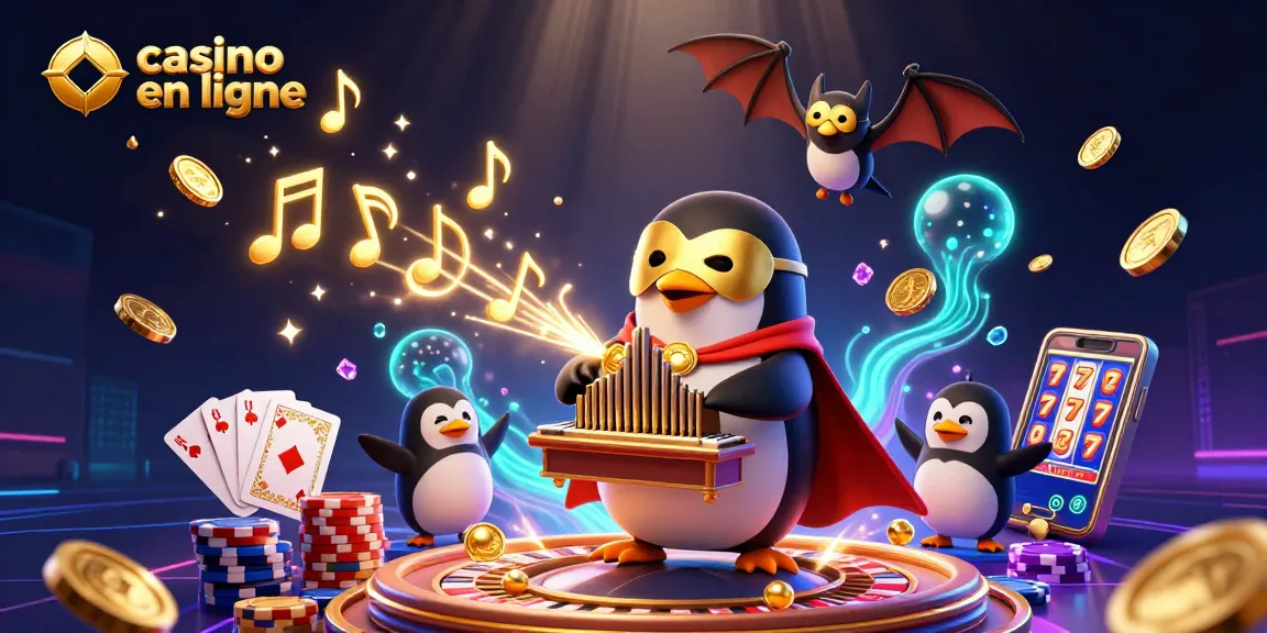 Jouer dans un casino en ligne avec un pingouin d'opéra, des pièces d'or et des gemmes brillantes