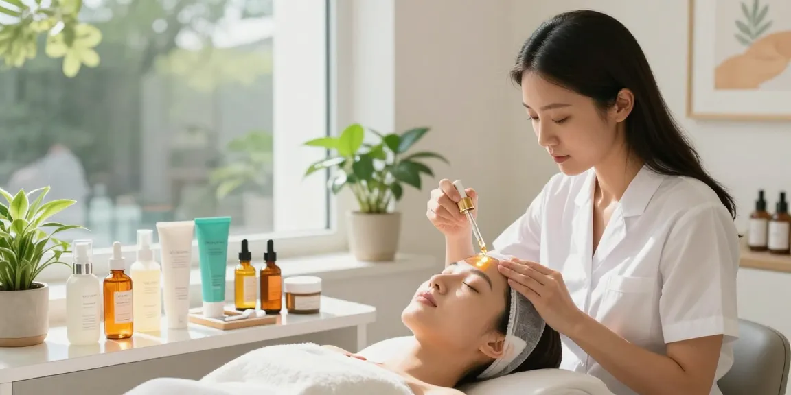Expert în frumusețe aplicând seruri pentru față într-un salon bine iluminat, cu produse pentru îngrijirea pielii.