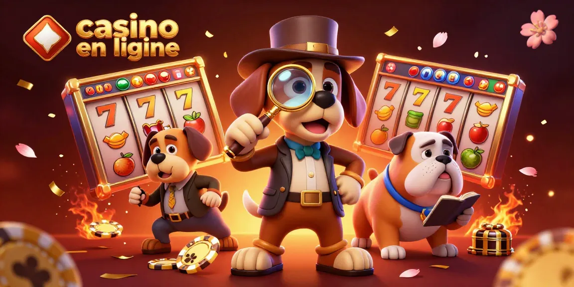 Illustration dynamique de casino en ligne avec un détective cartoon examinant un jeton de poker, entouré de rouleaux de machines à sous.