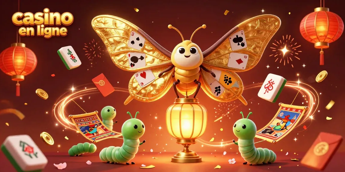 Illustration d'un casino en ligne avec un papillon atlas et des éléments de jeu, ambiance festive.