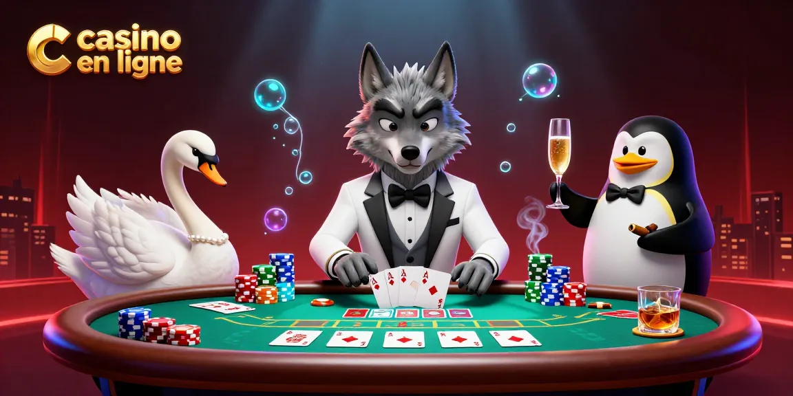 Illustration dynamique d'un casino en ligne avec un loup élégant, un cygne distribuant des cartes et un pingouin sommelier.