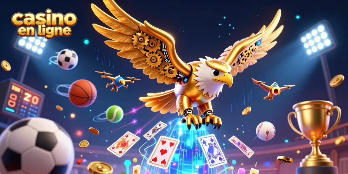 Visuel dynamique de casino en ligne avec l'aigle cybernétique et des ballons de sport volants.