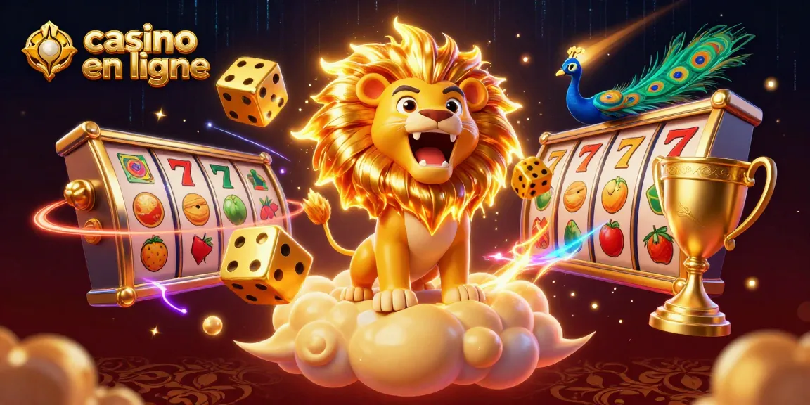 Profitez des jeux de casino en ligne avec ce lion gagnant et ses éléments scintillants.