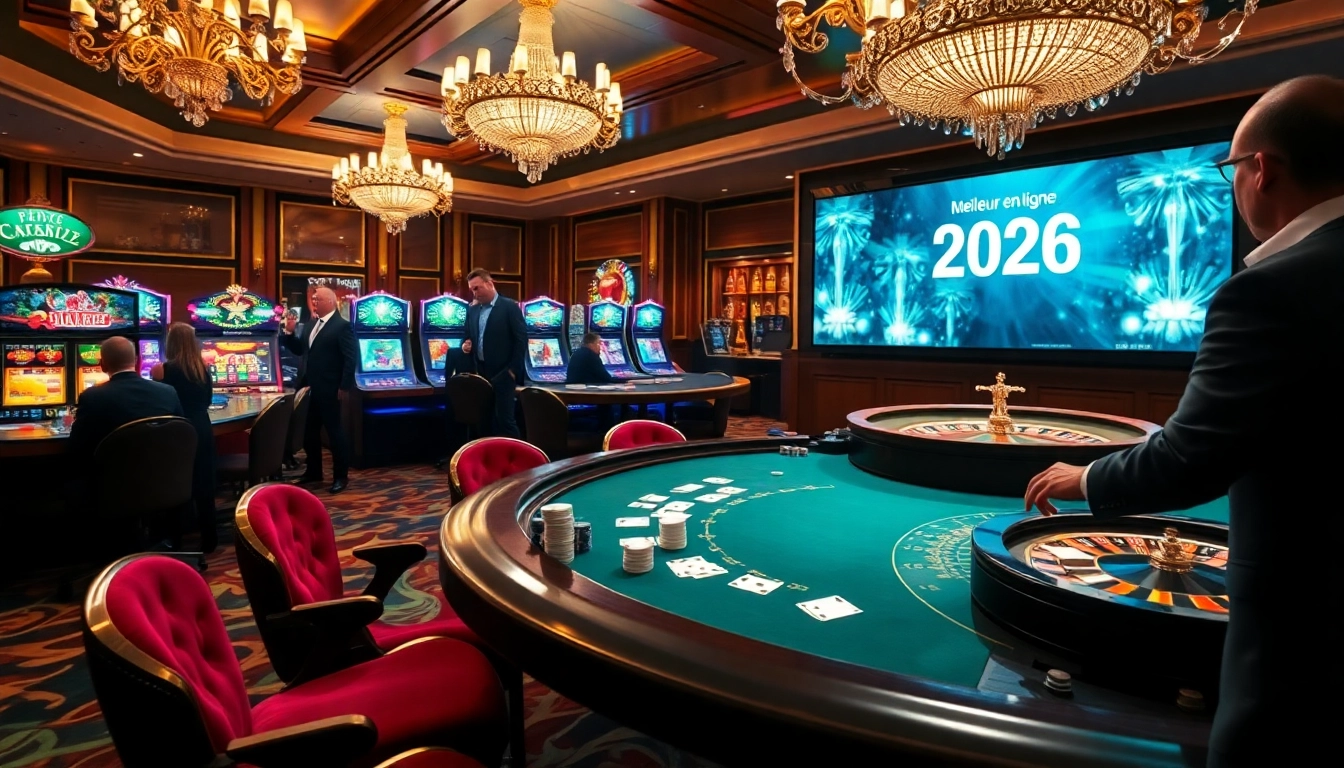 Joueurs ravis s'engageant au meilleur casino en ligne 2026, avec des machines à sous vibrantes et des tables élégantes.