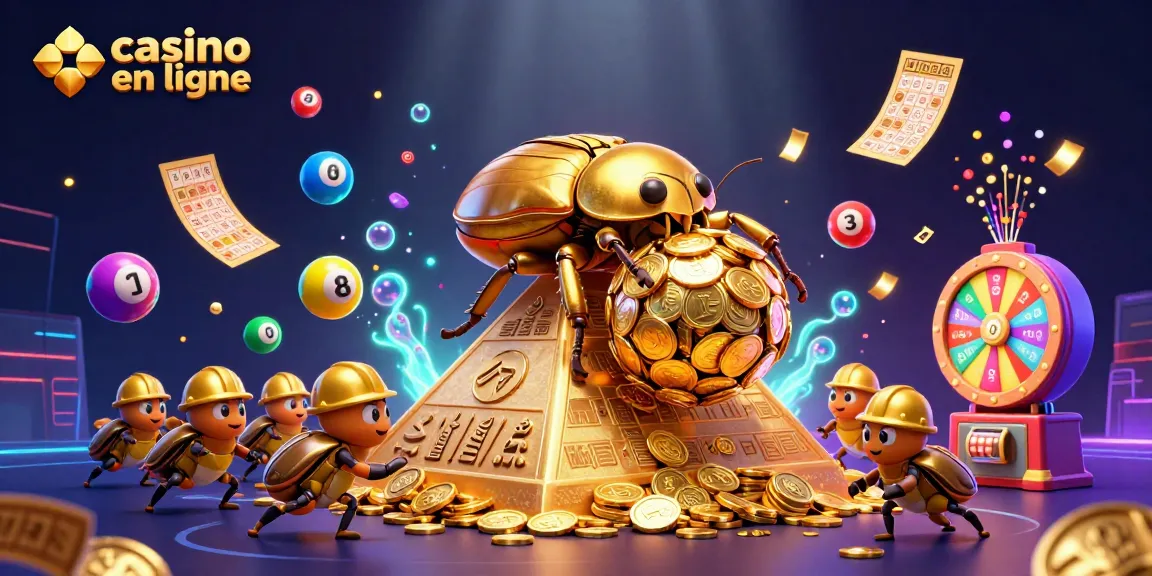 Casino en ligne : illustration dynamique d'un scarabée doré et éléments de jeux