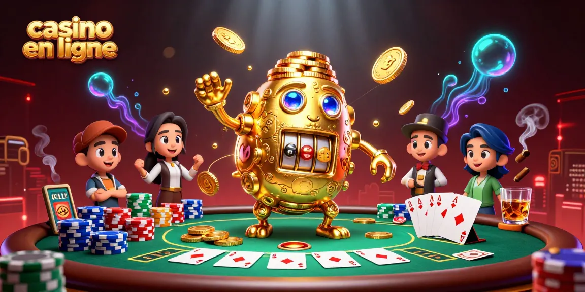 Découvrez l'univers captivant du casino en ligne avec un golem doré ludique et des éléments de poker.