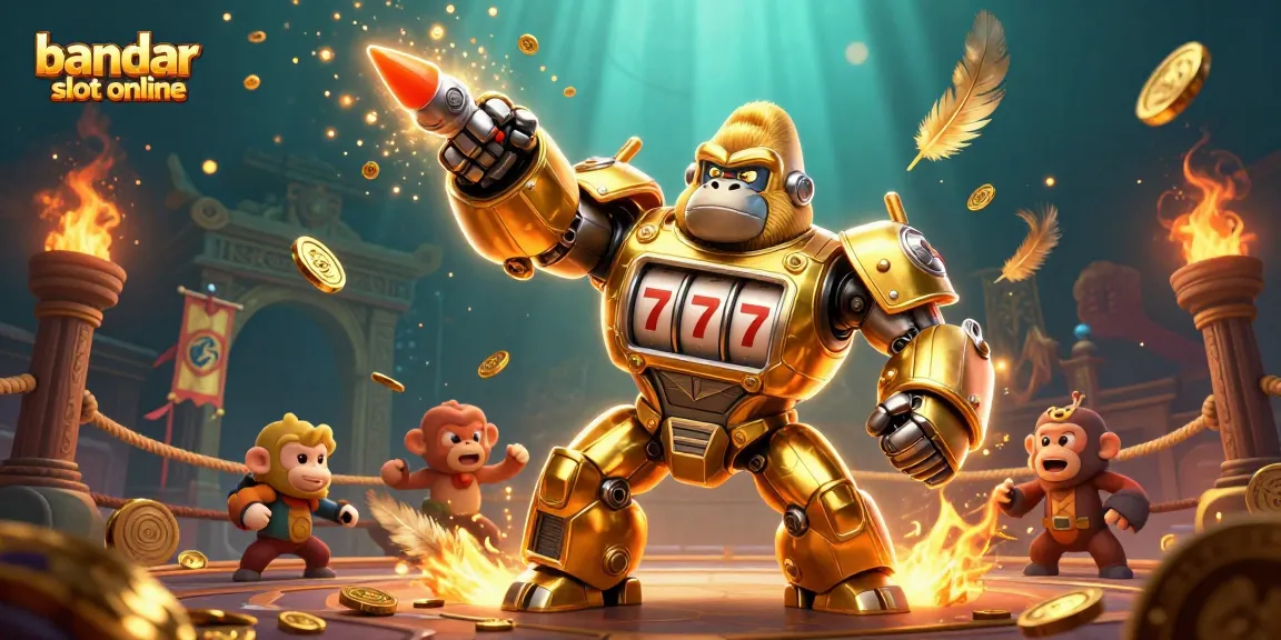 Experience thrilling action in a vibrant bandar slot online scene with a golden gorilla mech and coins.