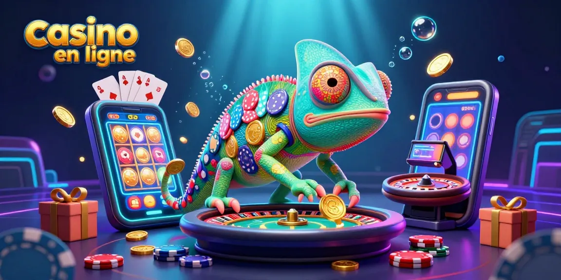 Le chameleon casino en ligne attrape des pièces d'or tout en surveillant la roulette, entouré d'éléments de jeux
