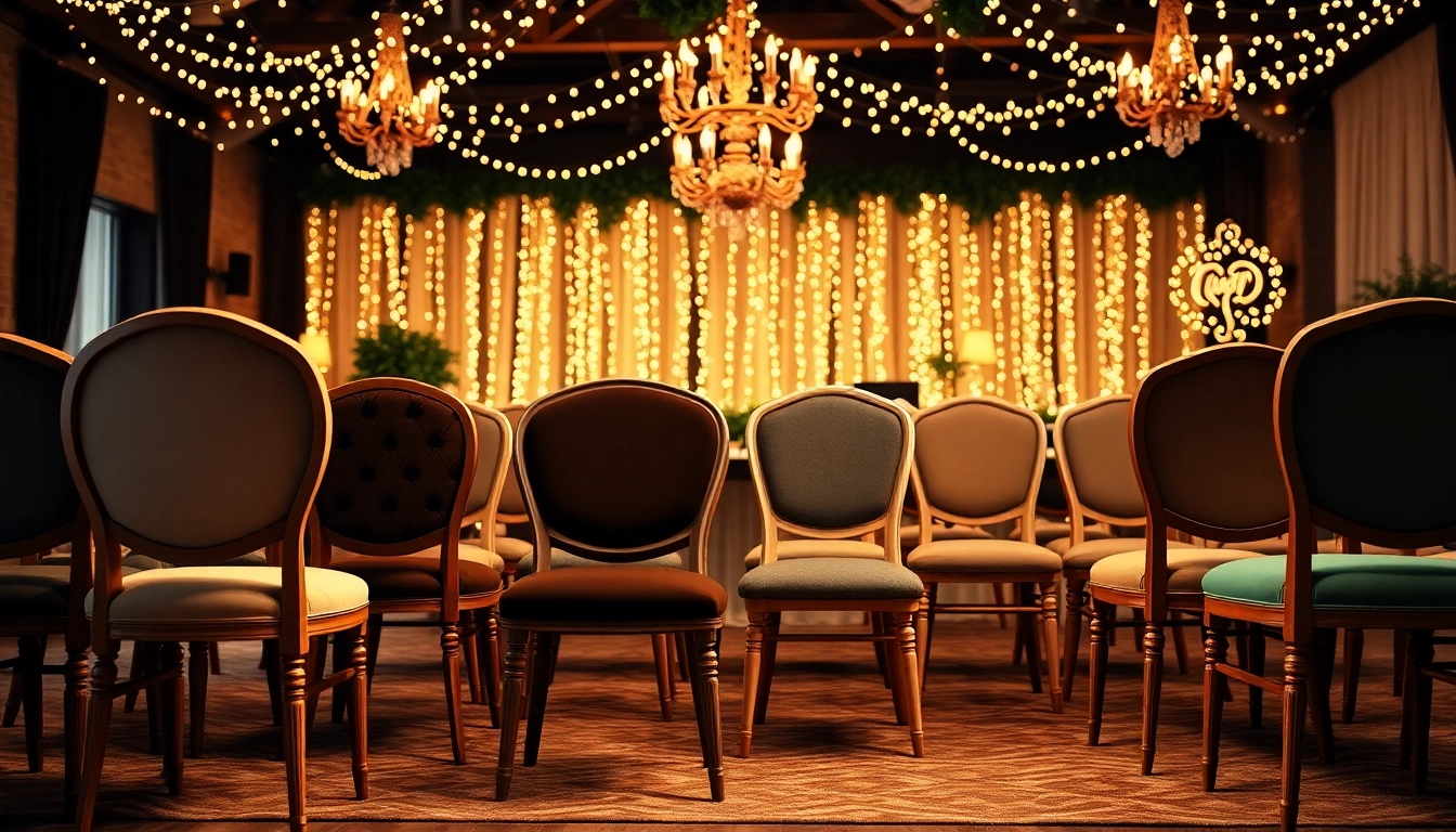 Showcasing exquisite chair rentals at a stylish event with a warm, inviting atmosphere.
