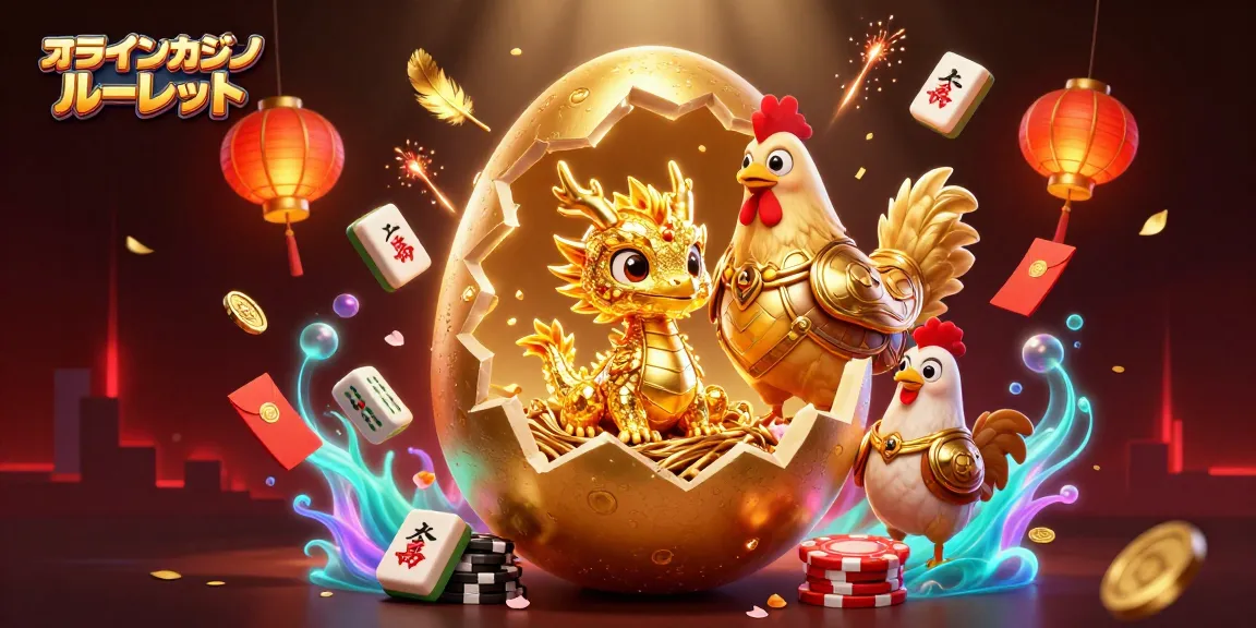 オンラインカジノ ルーレットで黄金のドラゴンがポーカーチップの巣に座っているイラスト