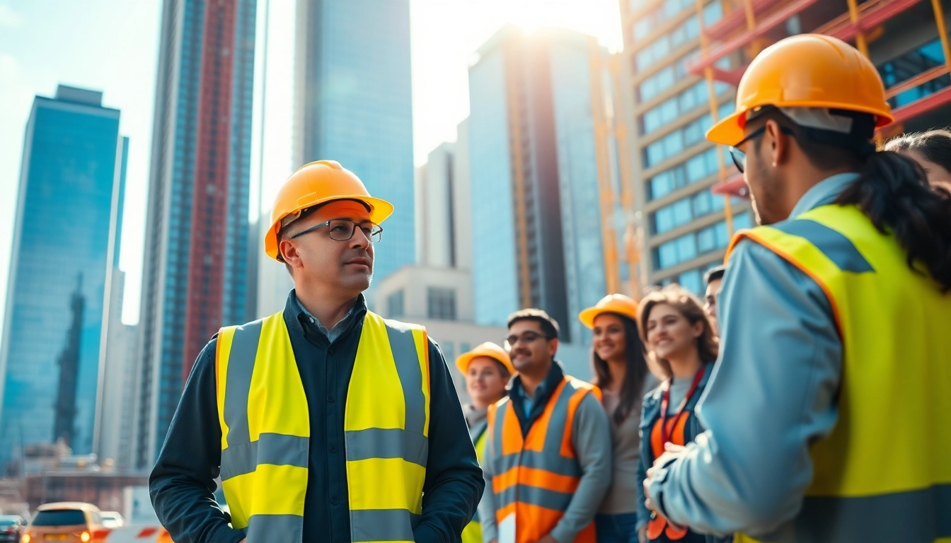 New York City Construction Manager directing a team amidst urban construction activities.