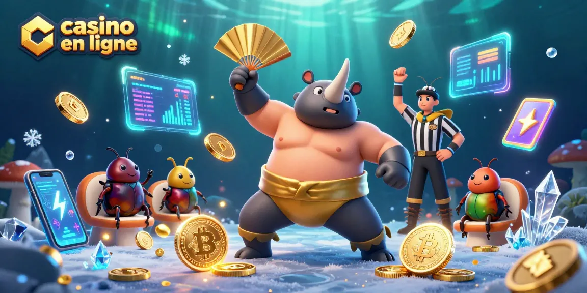 Gagnez avec le championnat de casino en ligne, représentation animée d'un rhinocéros sumo et de ses fans.