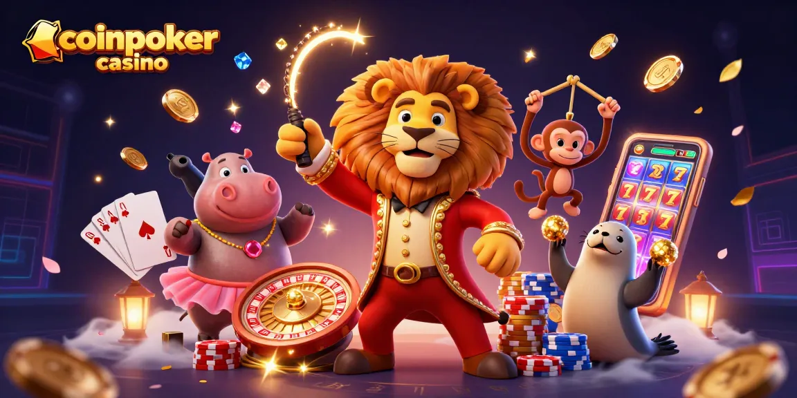 Jouer à CoinPoker Casino avec des personnages animés colorés, des jetons et des cartes de poker.