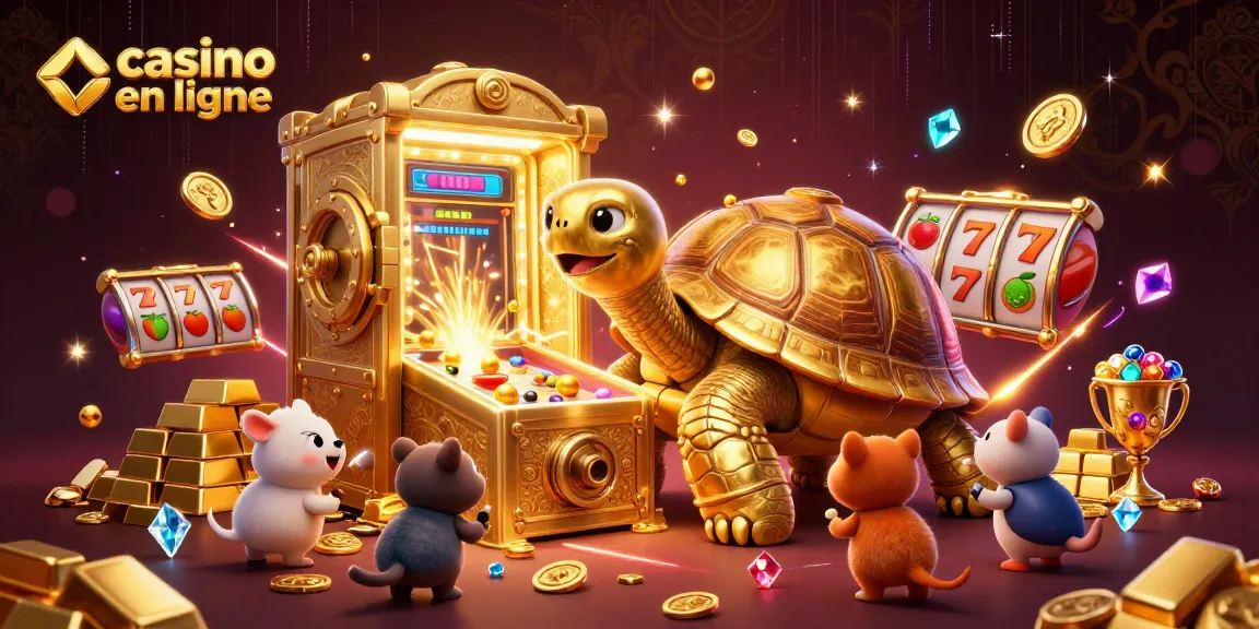 Jouer au casino en ligne avec une tortue en or géante et des trésors scintillants.