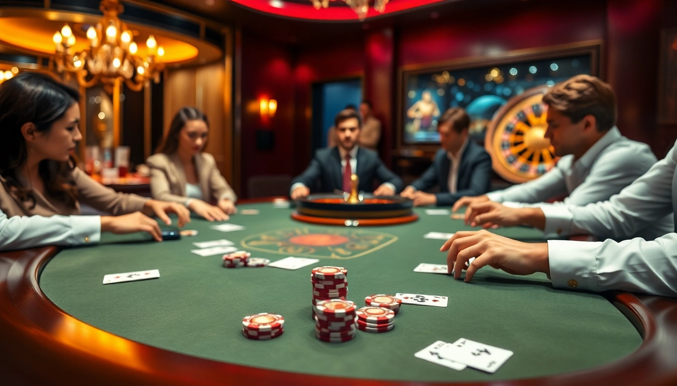 Players engage in a thrilling poker game at a luxurious casino featuring kpi4d elements.