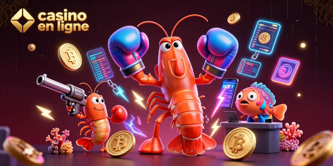 Profitez des jeux de casino en ligne avec cette illustration dynamique des crevettes armées et des cryptomonnaies.